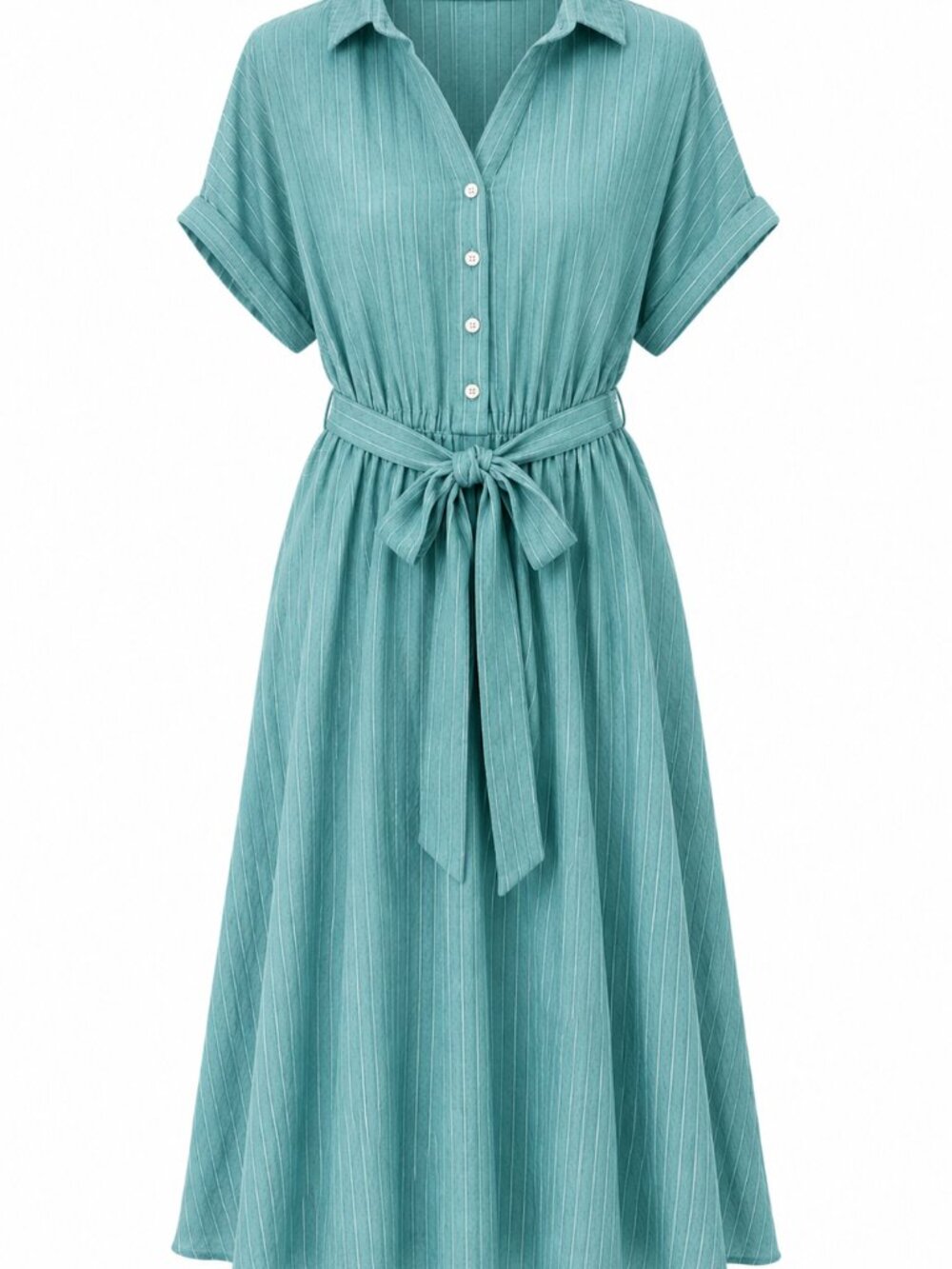 Green Button-Front Tie-Waist Shirt Dress